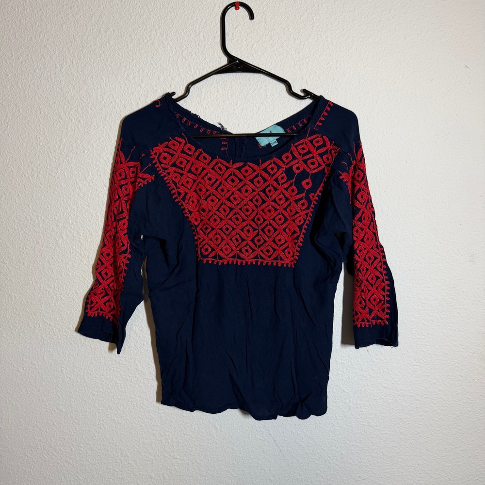 South Main Navy Blue‎ Red Embroidered Boho Peasant Blouse Top SM